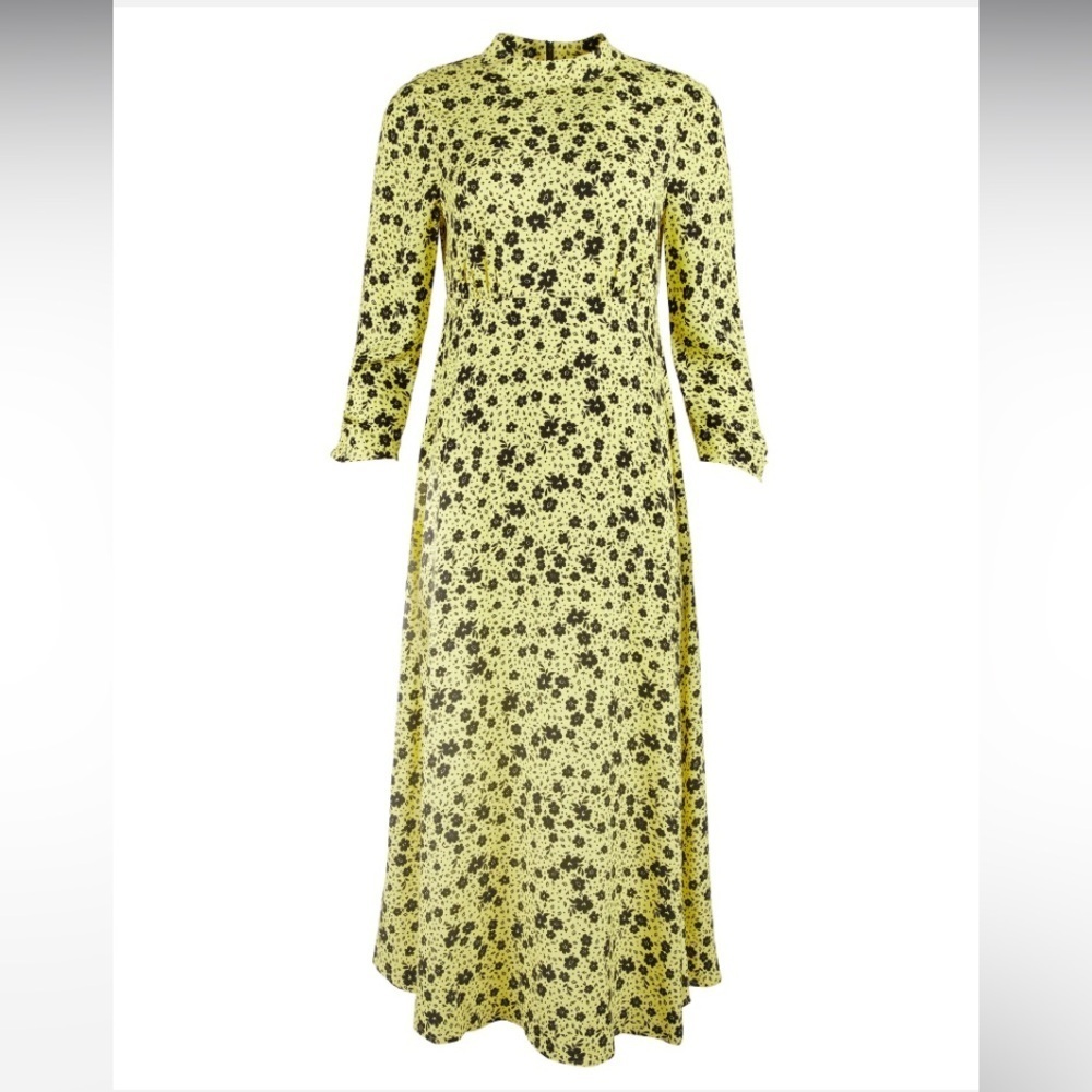 Oliver Bonas Martha Yellow Floral Print Midi Dress size‎ 10 long sleeves